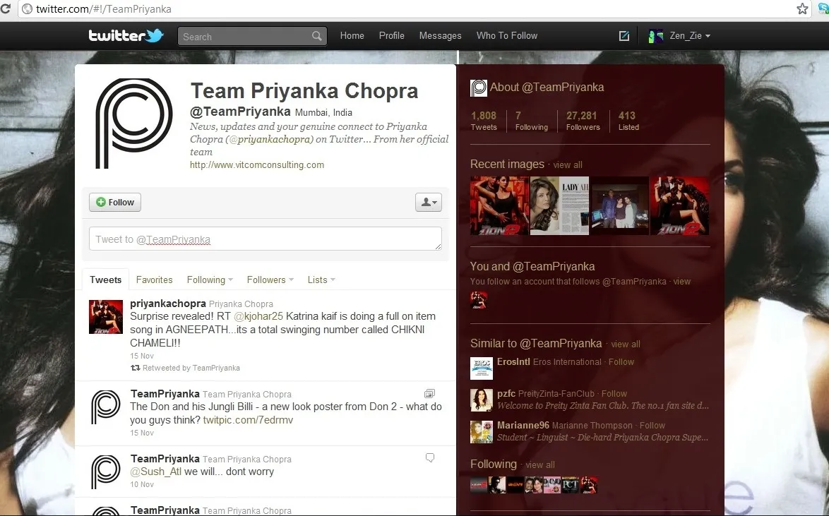 Bollywood Celebrities are using Social Media, Priyanka chopra on twitter, @priyankachopra,
