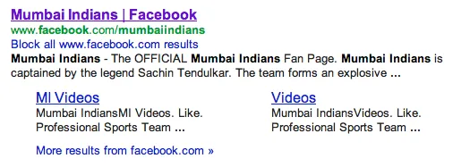 Google result of Mumbai Indian Facebook Page