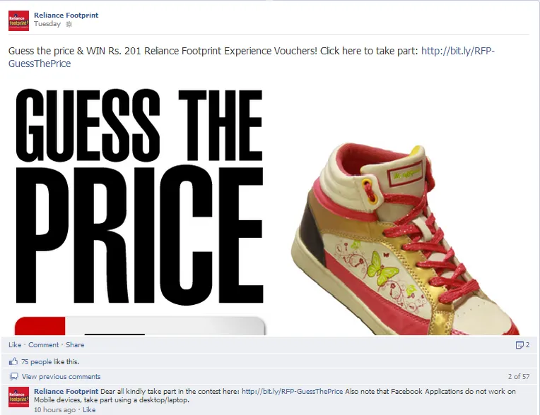 social media campaign review Reliance Footprint guess the price facebook post
