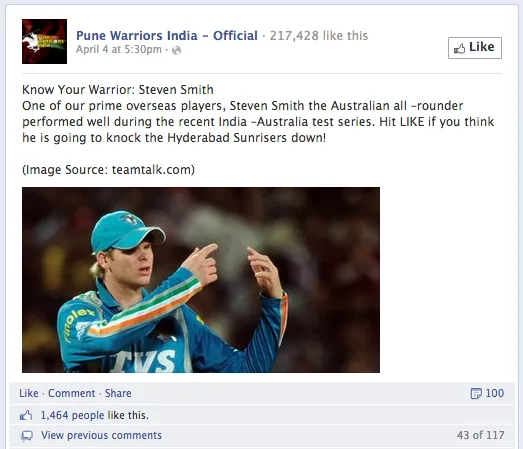 Pune Warriors Facebook 2nd most famous post