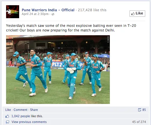 Pune Warriors Facebook most famous post