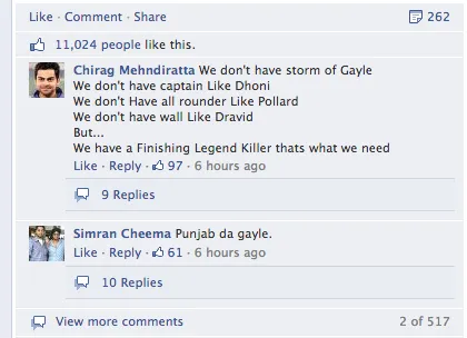 Kings XI Punjab Facebook COmments