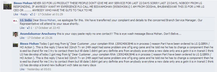 LG India Facebook Customer Support