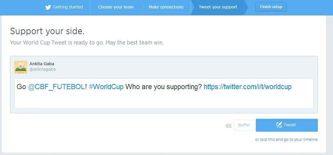 Twitter world cup app final tweet announcing your suppport
