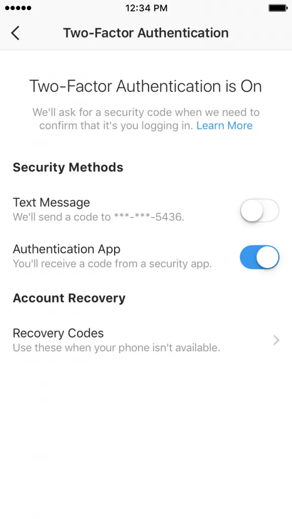 Instagram third-party authentication apps Two-Factor Authentication